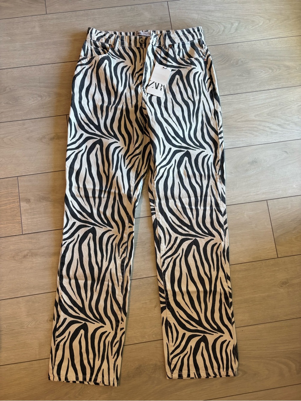 Zara Black and White Zebra-Print Straight Pants